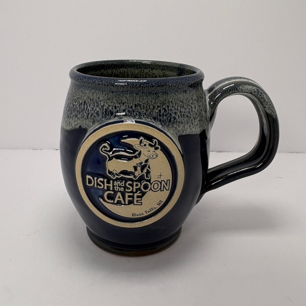 Deneen Pottery Hand Thrown Pottery Coffee Cafe Mug Cow And Moon Blue Drip Glaze